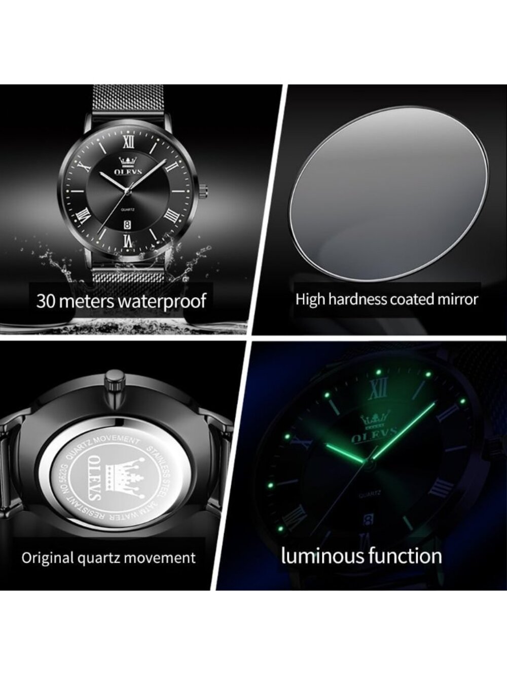Men's All Black Analog Quartz Mesh Strap Luxury Luminous Waterproof Round Watch - Picture 3 of 6